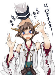 Rule 34 | 10s, 1girl, @ @, admiral (kancolle), bad id, bad pixiv id, bare shoulders, black bow, blue eyes, blush, bow, brown hair, detached sleeves, hair ornament, hands up, head pat, headpat, hiei (kancolle), kantai collection, nontraditional miko, open mouth, ribbon, short hair, sleeveless, text focus, translation request, trembling, wavy mouth, yellow ribbon, zutta