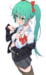 Rule 34 | 1girl, aqua eyes, aqua hair, aqua nails, black bra, black jacket, blush, bow, bowtie, bra, breasts, cleavage, collarbone, collared shirt, commentary, cowboy shot, downblouse, fanning self, from above, frown, furuyama itaru, grey skirt, hair bow, hatsune miku, jacket, unworn jacket, long hair, looking to the side, nail polish, open clothes, open shirt, parted lips, red bow, shirt, skirt, solo, standing, sweat, sweatdrop, thighhighs, twintails, underwear, undressing, uniform, v-shaped eyebrows, vocaloid, white background, white shirt