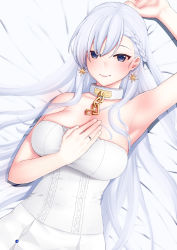 Rule 34 | 1girl, absurdres, arm up, armpits, azur lane, bare arms, bare shoulders, belfast (azur lane), belfast (the pledge of claddagh) (azur lane), blue eyes, blush, braid, breasts, chain, choker, closed mouth, earrings, hand on own chest, highres, jewelry, large breasts, long hair, looking at viewer, lying, on back, prophecy (rakuichimonji), smile, solo, white hair