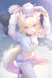 Rule 34 | 1girl, animal ear fluff, animal ears, bandaid, bandaid hair ornament, belt, belt collar, blonde hair, blue eyes, blush, collar, colored inner animal ears, dog ears, dog girl, fang, fur trim, hair ornament, hairband, headband, hololive, hololive english, jacket, mococo abyssgard, mococo abyssgard (1st costume), mujinbensin, multicolored hair, navel, open mouth, perroccino (fuwamoco), pink belt, pink hair, pink hairband, pink headband, short hair, skin fang, streaked hair, virtual youtuber, x hair ornament