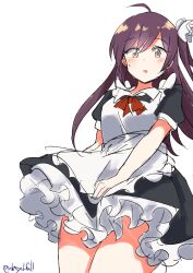 Rule 34 | 1girl, absurdres, ahoge, alternate costume, apron, black dress, blush, brown eyes, dress, enmaided, frilled apron, frilled dress, frills, hagikaze (kancolle), highres, kantai collection, long hair, maid, maid apron, maid headdress, one side up, puffy short sleeves, puffy sleeves, purple hair, robinson (day l full), short sleeves, solo, twitter username, waist apron, white apron, wrist cuffs