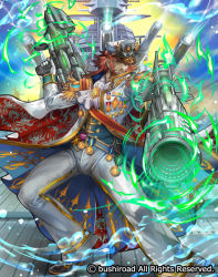 Rule 34 | 10s, 1boy, beard, cardfight!! vanguard, company name, epaulettes, facial hair, full body, gloves, gun, hat, jacket, long hair, male focus, marine general of the furious tides myrtus, medal, military, military hat, military uniform, moreshan, official art, red eyes, red hair, sky, solo, uniform, water, weapon