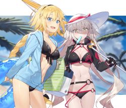 Rule 34 | 2girls, :d, ahoge, bag, beach umbrella, bikini, black bikini, black choker, black hairband, black jacket, blonde hair, blue eyes, blue innertube, blue jacket, braid, breasts, choker, cloud, cloudy sky, commentary request, cooler, cowboy shot, cropped jacket, duplicate, fate/grand order, fate (series), food, food in mouth, front-tie bikini top, front-tie top, hair between eyes, hairband, hat, hayashi kewi, head tilt, holding, holding swim ring, hood, hood down, hooded jacket, innertube, jacket, jeanne d&#039;arc alter (swimsuit berserker) (fate), jeanne d&#039;arc (fate), jeanne d&#039;arc (ruler) (fate), jeanne d&#039;arc (swimsuit archer) (fate), jeanne d&#039;arc (swimsuit archer) (first ascension) (fate), jeanne d&#039;arc alter (fate), jeanne d&#039;arc alter (swimsuit berserker) (fate), large breasts, long braid, long hair, looking at viewer, mouth hold, multiple girls, navel, o-ring, o-ring bikini, o-ring bottom, o-ring top, open mouth, outdoors, palm tree, popsicle, shrug (clothing), silver hair, single braid, sky, smile, sun hat, swim ring, swimsuit, tote bag, transparent, tree, umbrella, very long hair, yellow eyes