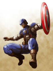 Rule 34 | 1boy, armor, boots, captain america, gloves, helmet, highres, jumping, male focus, manly, marvel, military, military uniform, muscular, realistic, retro artstyle, serious, shield, shimotsuki juugo, soldier, solo, steve rogers, uniform, united states, world war ii