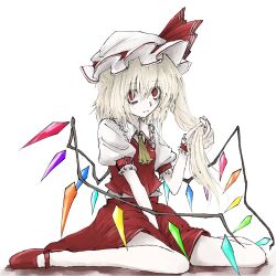 Rule 34 | 1girl, aizettonagi, arm belt, ascot, between legs, bow, closed mouth, collar, collared shirt, crystal, eyes visible through hair, flandre scarlet, frilled collar, frills, full body, hand between legs, hat, hat bow, highres, looking at viewer, mary janes, medium hair, mob cap, one side up, pale skin, playing with own hair, puffy short sleeves, puffy sleeves, red bow, red eyes, red skirt, red vest, shirt, shoes, short sleeves, sitting, skirt, skirt set, slit pupils, solo, touhou, vest, wariza, white background, white hat, white shirt, wings, wrist cuffs, yellow ascot