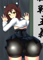 Rule 34 | 10s, 1girl, against wall, ass, bike shorts, blush, brown hair, cameltoe, female focus, from behind, headgear, huge ass, kantai collection, kunoo (unnyuu), leaning, leaning forward, looking at viewer, open mouth, panties, panties under bike shorts, shiny clothes, short hair, skirt, skirt flip, solo, taihou (kancolle), turning head, underwear