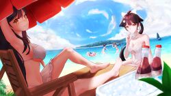 Rule 34 | 5girls, absurdres, arm up, armpits, atago (azur lane), azur lane, bare legs, barefoot, beach, beach umbrella, bikini, black choker, blue hair, blue one-piece swimsuit, blurry, blurry foreground, bow, breasts, brown eyes, brown hair, choker, closed mouth, clothing cutout, cloud, cloudy sky, commentary, day, english commentary, feet, flower, foreshortening, frills, full body, grey hair, hair bow, hair flower, hair ornament, hand up, hands up, highres, innertube, knee up, koukie, laffey (azur lane), large breasts, legs, lens flare, long hair, looking at viewer, lying, medium breasts, mole, mole under eye, multiple girls, navel cutout, ning hai (azur lane), on back, one-piece swimsuit, outdoors, ping hai (azur lane), ponytail, purple bikini, red bikini, shadow, sidelocks, sitting, sky, smile, soda bottle, splashing, swim ring, swimsuit, takao (azur lane), toenails, toes, twintails, umbrella, underboob, wading, white bikini, white bow, white one-piece swimsuit, yellow eyes