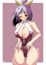 Rule 34 | 1girl, alternate costume, arima yuu, bow, breasts, cleavage, female focus, front zipper swimsuit, hair bow, large breasts, long hair, meme attire, one-piece swimsuit, one eye closed, ponytail, purple hair, red eyes, solo, swimsuit, touhou, watatsuki no yorihime, yellow bow