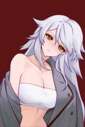 Rule 34 | 1girl, bare shoulders, breasts, brown eyes, cleavage, collarbone, crop top, danxing aipangzi, gepard m1 (girls&#039; frontline), gepard m1 (mod3) (girls&#039; frontline), girls&#039; frontline, grey jacket, highres, jacket, jacket on shoulders, light blush, long hair, looking at viewer, medium breasts, mod3 (girls&#039; frontline), open mouth, red background, solo, tank top, upper body, white hair, white tank top