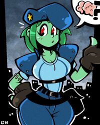 Rule 34 | 1girl, ?, alternate hairstyle, beret, brain, breasts, colored skin, cosplay, green hair, green skin, hand on own hip, hat, jill valentine, jill valentine (cosplay), legendofnerd, police, police uniform, red eyes, resident evil, rottytops, shantae (series), solo, speech bubble, uniform, wide hips