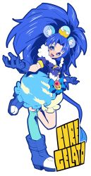 Rule 34 | 10s, 1girl, :d, absurdres, animal ears, bad proportions, blue eyes, blue footwear, blue gloves, blue hair, blue shirt, blue skirt, blue theme, blue thighhighs, character name, cloud print, cure gelato, extra ears, full body, gloves, highres, katana (life is beautiful), kirakira precure a la mode, layered skirt, lion ears, lion tail, long hair, looking at viewer, magical girl, matching hair/eyes, open mouth, parted bangs, precure, print skirt, shirt, shoes, single thighhigh, skirt, smile, solo, standing, standing on one leg, tail, tategami aoi, thighhighs, white background