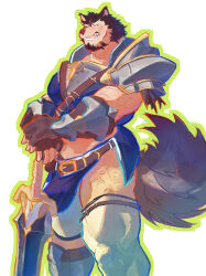 1boy absurdres animal_ears another_eidos-r armor bara billford_(another_eidos) blue_male_underwear blue_shirt brown_fur bulge cross_scar dog_boy dog_ears dog_nose dog_tail fangs furry furry_male highres holding holding_sword holding_weapon lan_uxn looking_at_viewer male_focus male_underwear muscular muscular_male open_mouth scar scar_on_face scar_on_forehead shirt shoulder_armor sweatdrop sword tail underwear veins weapon