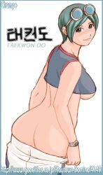 Rule 34 | 1girl, ass, breasts, champ+, clothes lift, from behind, goggles, goggles on head, hip focus, huge ass, large breasts, may lee, shirt lift, snk, solo, tank top, the king of fighters, underboob, undressing, watch, wide hips, wristwatch