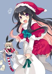 Rule 34 | &gt;:d, &gt;:o, 10s, 2girls, :d, :o, adapted costume, bag, black hair, blonde hair, box, capelet, elbow gloves, fang, fur trim, gift, gift box, gloves, gradient eyes, green eyes, hair ribbon, hat, kantai collection, long hair, multicolored eyes, multicolored hair, multiple girls, naganami (kancolle), nagasioo, open mouth, pantyhose, pink hair, ribbon, sack, santa hat, shimakaze (kancolle), smile, striped clothes, striped legwear, striped thighhighs, thighhighs, two-tone hair, v-shaped eyebrows