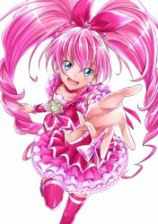 Rule 34 | 10s, 1girl, :d, blush, braid, choker, cure melody, earrings, eyelashes, frilled shirt, frilled skirt, frills, hair ornament, hair ribbon, hairband, happy, heart, heart earrings, highres, houjou hibiki, jewelry, long hair, looking at viewer, magical girl, midriff, open mouth, pink hair, pink ribbon, pink shirt, pink skirt, pink theme, precure, ribbon, sharumon, shirt, simple background, single braid, skirt, smile, solo, suite precure, thighhighs, thighs, twintails, very long hair, white background, wrist cuffs, zettai ryouiki