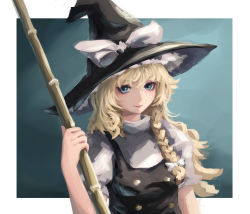 Rule 34 | 1girl, absurdres, aqua background, bamboo broom, black hat, black vest, blonde hair, blue eyes, bow, braid, breasts, broom, closed mouth, greentale (fegdgn), hair between eyes, hat, hat bow, highres, holding, holding broom, kirisame marisa, large hat, looking at viewer, medium hair, puffy short sleeves, puffy sleeves, shirt, short sleeves, simple background, single braid, small breasts, solo, touhou, upper body, vest, white bow, white shirt, witch hat