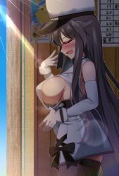 Rule 34 | 1girl, azur lane, bare shoulders, black bow, black thighhighs, blush, bow, breasts, brown hair, clothes pull, commentary request, cowboy shot, day, detached sleeves, dress, dress pull, closed eyes, from side, gloves, highres, hot, large breasts, long hair, mikage (shibi), no bra, open mouth, outdoors, pamiat merkuria (azur lane), pulling own clothes, retrofit (azur lane), russian clothes, shadow, side slit, sideboob, solo, summer, sunlight, sweat, thighhighs, very long hair, waving arm, white dress, white gloves, winter clothes, winter gloves