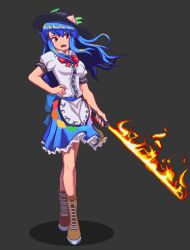 Rule 34 | 1girl, black hat, blue hair, blue skirt, boots, brown footwear, buttons, center frills, collared shirt, frilled skirt, frills, fruit hat ornament, full body, grey background, hat, hat ornament, highres, hinanawi tenshi, holding, holding sword, holding weapon, long hair, open mouth, peach hat ornament, pixel art, potemki11, puffy short sleeves, puffy sleeves, red eyes, shirt, short sleeves, simple background, skirt, solo, standing, sword, sword of hisou, touhou, weapon, white shirt