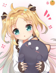 Rule 34 | 10s, 1girl, :o, absurdres, aqua eyes, arlene (ju), black bow, blonde hair, blush, bow, charlotte izoard, commentary request, dress, dutch angle, gradient background, hair bow, highres, holding, holding stuffed toy, long hair, long sleeves, looking at viewer, parted lips, pink background, ryuuou no oshigoto!, sleeves past wrists, solo, stuffed animal, stuffed cat, stuffed toy, two side up, very long hair, white background, white dress