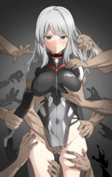 Rule 34 | 1girl, alice gear aegis, black gloves, blue eyes, blush, breasts, character request, closed mouth, collar, disembodied limb, expressionless, fingering, gloves, gluteal fold, grabbing, grabbing another&#039;s breast, grey hair, groping, hand in another&#039;s hair, hand on another&#039;s shoulder, highres, large breasts, long hair, multigrope, pelvic curtain, pussy juice, red collar, simple background, solo focus, sweat, unpasu, veins