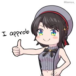 Rule 34 | 1girl, artist name, bare shoulders, beret, black hair, black ribbon, blouse, blue eyes, blush stickers, c:, chibi, commentary, english commentary, english text, green eyes, grey shirt, hand on own hip, hat, hololive, meme, midriff, multicolored eyes, navel, oozora subaru, oozora subaru (work), outstretched hand, ribbon, shirt, short hair, simple background, sleeveless, sleeveless shirt, smile, solo, striped clothes, striped shirt, suspenders, swept bangs, thumbs up, tian nya, twitter username, upper body, vertical-striped clothes, vertical-striped shirt, virtual youtuber, white background, white hat