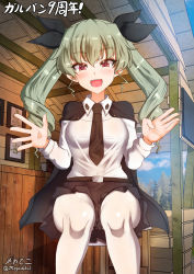 Rule 34 | 1girl, anchovy (girls und panzer), anzio school uniform, black necktie, blush, breasts, cape, covered erect nipples, covered navel, drill hair, girls und panzer, green hair, hair ornament, hair ribbon, highres, looking at viewer, medium breasts, megadeko, miniskirt, necktie, open mouth, outdoors, pantyhose, red eyes, ribbon, school uniform, shiny skin, skirt, smile, solo, twintails, white pantyhose