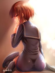 Rule 34 | 10s, 1girl, ass, brown eyes, brown hair, dress, from behind, hat, kantai collection, looking at viewer, military, military uniform, neckerchief, parted lips, peaked cap, sailor collar, sailor dress, sailor hat, short hair, sitting, solo, tmsksa, uniform, z3 max schultz (kancolle)