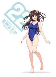 1girl absurdres aozora_haruka_(soranokakera01) barefoot blue_eyes blue_one-piece_swimsuit breasts brown_hair cleavage commentary_request competition_swimsuit covered_navel full_body highleg highleg_one-piece_swimsuit highres large_breasts one-piece_swimsuit original solo soranokakera01 standing swimsuit two_side_up