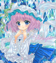 Rule 34 | 1girl, :o, apron, bad id, bad pixiv id, bare tree, blue background, blue eyes, blue skirt, blue theme, blue vest, blush, brooch, cowboy shot, frilled apron, frilled hat, frilled scarf, frilled skirt, frilled sleeves, frills, green ribbon, hat, hat ribbon, jewelry, lapel pin, letty whiterock, long sleeves, looking at viewer, marker (medium), mob cap, open mouth, pink hair, ribbon, rui (sugar3), sample watermark, scarf, shirt, short hair, skirt, snowflakes, solo, touhou, traditional media, tree, vest, waist apron, watermark, white apron, white hat, white scarf, white shirt, wide sleeves