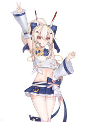 Rule 34 | 1girl, absurdres, ahoge, arm up, armpits, ayanami (azur lane), ayanami (low-key idol @confused) (azur lane), azur lane, bow, commentary request, detached sleeves, hair between eyes, hair bow, hair ornament, hair ribbon, hairclip, headgear, highres, light brown hair, long hair, looking at viewer, microphone, nanzii shengtu a, navel, orange eyes, parted lips, pleated skirt, ponytail, retrofit (azur lane), ribbon, sidelocks, simple background, skirt, solo, stomach, thighhighs, v, white background, white thighhighs, wide sleeves, zettai ryouiki