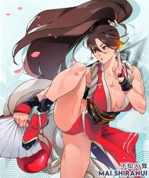 Rule 34 | 1girl, arm guards, ass, bare shoulders, blush, breasts, brown eyes, brown hair, cesar art456, character name, cherry blossoms, cleavage, drop shadow, fatal fury, folding fan, foot out of frame, hand fan, high ponytail, highres, holding, holding fan, japanese clothes, knee up, large breasts, long hair, ninja, no shoes, pelvic curtain, petals, photoshop (medium), ponytail, revealing clothes, rope, shiranui mai, snk, solo, standing, standing on one leg, the king of fighters, thighs, toes