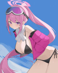 Rule 34 | 1girl, absurdres, bare shoulders, bikini, black bikini, blue archive, blue sky, breasts, closed mouth, commentary request, eimi (blue archive), eimi (swimsuit) (blue archive), goggles, goggles on head, halo, hands in pockets, highres, jacket, large breasts, leaning forward, long hair, looking at viewer, off shoulder, official alternate costume, okappa (bobbed001), open clothes, open jacket, outdoors, pink hair, pink halo, pink jacket, ponytail, purple eyes, scarf, side-tie bikini bottom, sidelocks, ski goggles, sky, solo, swimsuit, very long hair, white scarf