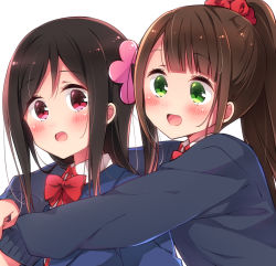 Rule 34 | 2girls, :d, blue cardigan, blue jacket, bow, bowtie, brown hair, cardigan, collared shirt, commentary request, dot nose, flower, green eyes, hair flower, hair ornament, hair scrunchie, happy, highres, hitori bocchi, hitoribocchi no marumaru seikatsu, honshou aru, jacket, long hair, looking at another, looking at viewer, multiple girls, one side up, open mouth, pink flower, ponytail, red bow, red bowtie, red eyes, red scrunchie, school uniform, scrunchie, shirt, simple background, sk02, smile, upper body, white background, white shirt