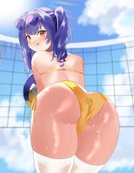 Rule 34 | 1girl, :q, absurdres, animal print, ass, aviator sunglasses, azur lane, ball, beach volleyball, bikini, blue sky, blurry, blurry background, cloud, eyewear on head, from behind, highres, holding, holding ball, long hair, looking at viewer, looking back, manjuu (azur lane), official alternate costume, pola (azur lane), pola (seaside coincidence) (azur lane), purple hair, red eyes, sakuramoti dai, side-tie bikini bottom, sky, solo, sunglasses, sweat, sweatdrop, swimsuit, thighhighs, tongue, tongue out, twintails, volleyball net, white thighhighs, yellow bikini