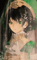 Rule 34 | 1girl, ascot, black background, black hair, chongzhen 085, closed mouth, goth fashion, green hat, hat, highres, looking at viewer, portrait, see-through, seth nightroad, short hair, simple background, solo, trinity blood, veil, white ascot
