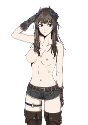 Rule 34 | artist request, boots, breasts, brown hair, choker, closed mouth, dragon horns, gloves, highres, horns, legband, long hair, looking to the side, medium breasts, navel, nipples, original, red eyes, salute, short shorts, shorts, simple background, thigh boots, thighhighs, topless, white background