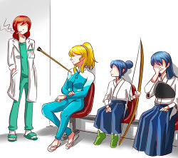 Rule 34 | 10s, 4girls, aged down, aged up, alternate universe, arrow (projectile), arrow in body, ayase eli, blonde hair, blue hair, bow (weapon), chair, cigarette, dha315, facepalm, flip-flops, hair bun, hair ornament, hair scrunchie, hands in pockets, holding, holding bow (weapon), holding weapon, if they mated, impaled, in-franchise crossover, long hair, long sleeves, looking at another, love live!, love live! school idol project, love live! sunshine!!, lowres, matsuura kanan, medium hair, meme, mother and daughter, multiple girls, muneate, nishikino maki, photo-referenced, red hair, sandals, scrunchie, single hair bun, sitting, slippers, smoking, socks, sonoda umi, standing, weapon, white legwear, white scrunchie