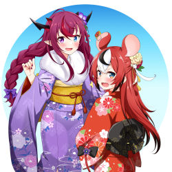 Rule 34 | 2girls, :d, absurdres, animal ears, black bow, black hair, blush, bow, braid, commentary, dice hair ornament, english commentary, fang, felutiahime, floral print, flower, fur trim, hair bow, hair flower, hair ornament, hakos baelz, highres, hololive, hololive english, irys (hololive), japanese clothes, kimono, long hair, looking at viewer, looking back, mouse ears, mouse tail, mousetrap, multicolored hair, multiple girls, nail polish, obi, open mouth, print kimono, print sash, purple bow, purple eyes, purple flower, purple hair, purple legwear, purple nails, red eyes, red kimono, sash, sharp teeth, smile, streaked hair, tail, tail bow, tail ornament, teeth, twin braids, upper teeth only, v-shaped eyebrows, virtual youtuber, white hair, yellow eyes, yellow flower