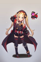 Rule 34 | 1girl, abigail williams (fate), arm up, belt, belt buckle, beret, black bow, black dress, black footwear, black hat, black jacket, black thighhighs, blonde hair, blue eyes, blush, bow, buckle, chain, closed mouth, cosplay, dress, fate/grand order, fate (series), frilled dress, frills, full body, grey background, hat, helena blavatsky (fate), helena blavatsky (fate) (cosplay), helena blavatsky (third ascension) (fate), jacket, long hair, long sleeves, looking at viewer, miya (miyaruta), open clothes, open jacket, orange bow, parted bangs, peaked cap, red belt, ribbed legwear, salute, shadow, shoes, short dress, smile, solo, standing, strapless, strapless dress, thighhighs, twintails, very long hair