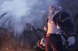 Rule 34 | 1boy, animal ears, arange (youhei79384157), arknights, black pants, collared shirt, dark, embers, feet out of frame, fire, furry, furry male, glowing, glowing eyes, highres, jacket, looking at viewer, male focus, mountain (arknights), mountain (dark cloud) (arknights), muscular, muscular male, night, official alternate costume, open clothes, open jacket, pants, partially unbuttoned, scar, scar across eye, scar on face, shirt, solo, tiger boy, tiger ears, white fur, white hair