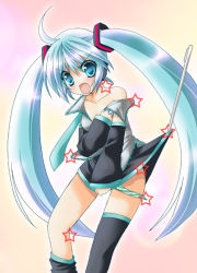 Rule 34 | ahoge, annoyed, bad id, bad pixiv id, blue eyes, blue hair, detached sleeves, hatsune miku, long hair, necktie, oryuu aya, panties, skirt, solo, star (symbol), striped clothes, striped panties, stylus, thighhighs, twintails, underwear, undressing, very long hair, vocaloid