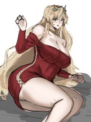 Rule 34 | 1girl, :o, absurdres, arm support, ass, blonde hair, blue eyes, breasts, choker, code nt, dress, barghest (fate), fate/grand order, fate (series), highres, large breasts, legs together, long hair, looking at viewer, lying, muscular, muscular female, off-shoulder dress, off shoulder, on side, side slit, simple background, sketch, solo, thick thighs, thighs, tiara, white background