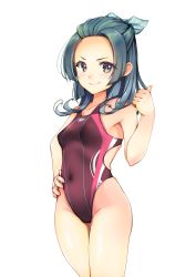Rule 34 | absurdres, aqua bow, bow, breasts, brown eyes, collarbone, competition swimsuit, covered navel, cowboy shot, forehead, gradient hair, green hair, hair ribbon, hand on own hip, highleg, highleg swimsuit, highres, kantai collection, medium hair, multicolored hair, one-piece swimsuit, polka dot, polka dot ribbon, ribbon, simple background, suzunami (kancolle), swimsuit, white background, yashin (yasinz)
