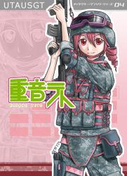 Rule 34 | 1girl, cover, drill hair, goggles, gun, helmet, kasane teto, md5 mismatch, military, military uniform, pink hair, red eyes, sleeves rolled up, solo, sukua, tk28, twintails, uniform, utau, vocaloid, weapon
