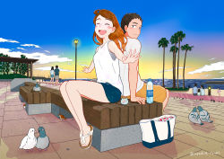 Rule 34 | 1boy, 1girl, bag, beach, bench, bird, blue eyes, blue shorts, blush, bottle, commentary request, closed eyes, jupachi18, lamppost, ocean, on bench, open mouth, original, outstretched arms, pigeon, sandals, shirt, shore, shorts, signature, sitting, sleeveless, sleeveless shirt, smile, tree, twilight, twitter username, water bottle, white shirt, yellow shorts