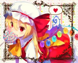 Rule 34 | 1girl, ascot, blonde hair, candy, flandre scarlet, food, hat, heart, lollipop, looking at viewer, mob cap, mouth hold, red eyes, side ponytail, solo, spoken heart, teeth hold, touhou, wings, yusano