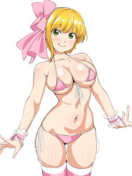 Rule 34 | 1girl, :3, bikini, blonde hair, blush, bow, breasts, cleavage, covered erect nipples, green eyes, hair bow, hair ribbon, idolmaster, idolmaster cinderella girls, large breasts, loliconder, looking at viewer, miyamoto frederica, navel, pink bikini, pink thighhighs, ribbon, short hair, simple background, smile, solo, swimsuit, thighhighs, white background
