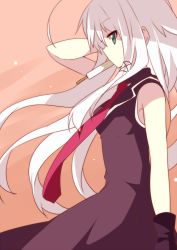 Rule 34 | 1girl, anceril sacred, bad id, bad pixiv id, food, gloves, green eyes, long hair, mishima kurone, mouth hold, necktie, popsicle, profile, solo, very long hair, white hair
