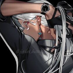 Rule 34 | 1boy, artist name, black background, black gloves, black shirt, close-up, commentary, dark-skinned male, dark skin, earrings, fingerless gloves, fingernails, from behind, glasses, gloves, grey hair, jewelry, koshika rina, long hair, looking at viewer, male focus, original, portrait, red eyes, round eyewear, shirt, simple background, single fingerless glove, solo, watch, wristwatch