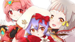 Rule 34 | 3girls, android, animal ears, blunt bangs, bodysuit, cat ears, highres, multiple girls, nia (xenoblade), poppi (xenoblade), poppi alpha (xenoblade), pyra (xenoblade), red eyes, red hair, short hair, silver hair, simple background, tavn, twintails, white background, xenoblade chronicles (series), xenoblade chronicles 2, yellow bodysuit, yellow eyes